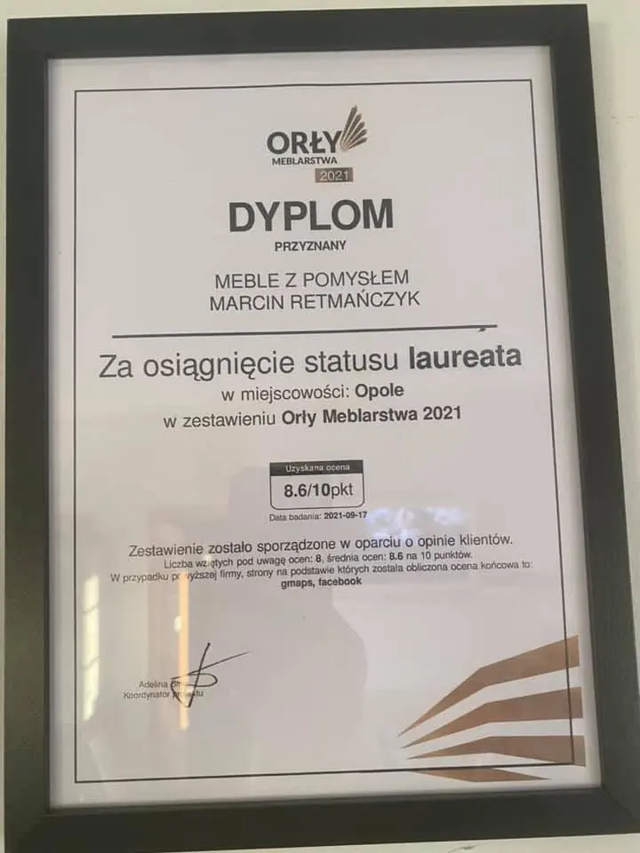 Orły Meblarstwa 2021 award certificate for Meble z Pomysłem